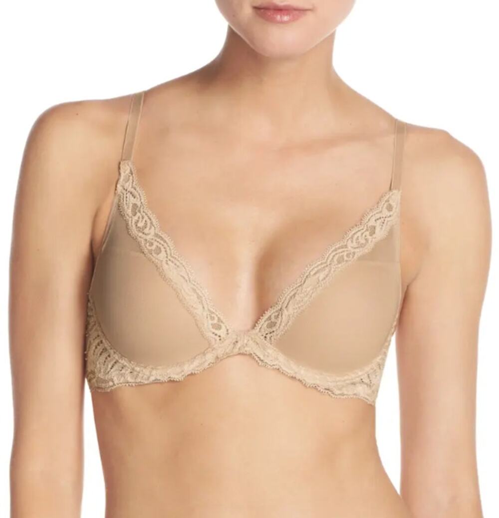 Natori Feathers Contour Plunge Bra 36DDD 36F Nude Lace Underwire